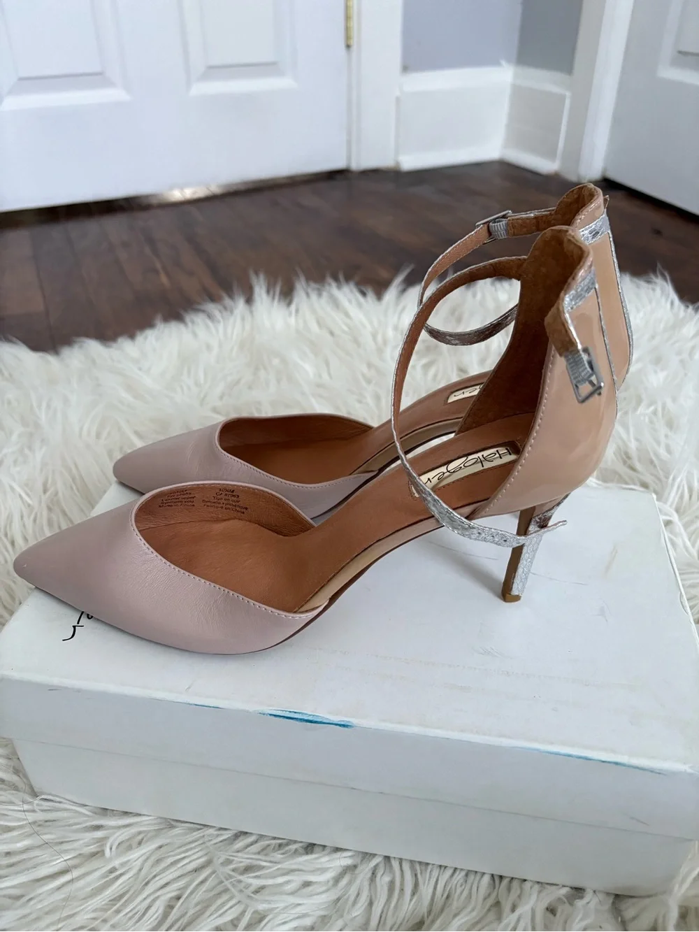 Halogen Nude Leather Pointed Toe Heels with Silver Snake Print Stiletto